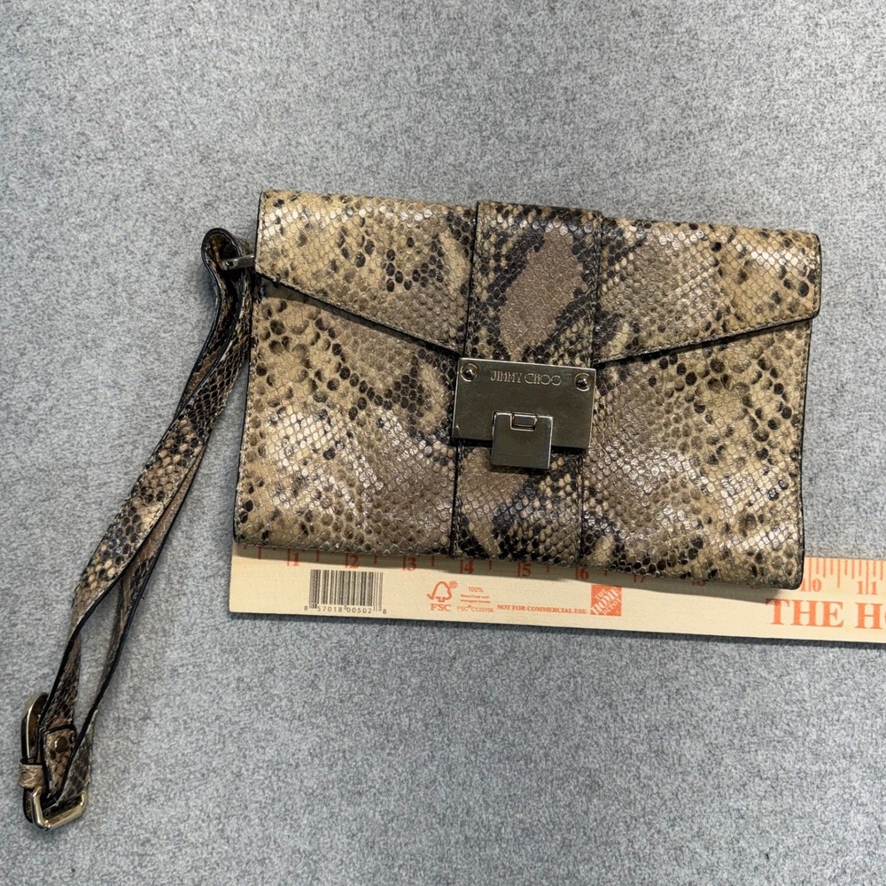 Jimmy Choo Python Snakeskin Envelope Wristlet Clutch Gold Turn‎ Lock Beige Black